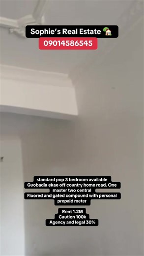 standard pop 3 bedroom available Guobadia ekae off country home road. One master two central Floored and gated compound with personal prepaid meter Rent 1.2M Caution 100k Agency and legal 30% #fyp #realestatetiktok #viral #househunting #agentinbenincity