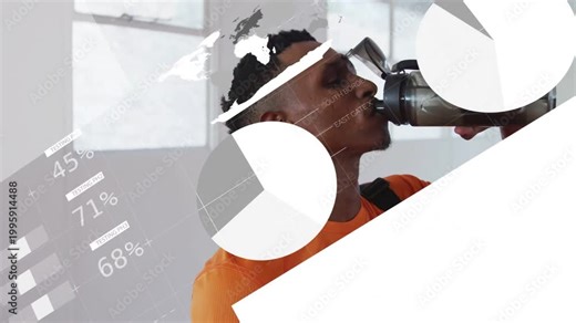 Thirst driving man lifting, tilting and drinking from bottle while charts slide, camera panning