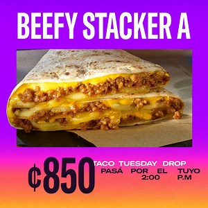 124 reactions · 3 comments | 勞 Beefy Stacker a ₡850 勞 ​ Disfrutá del Taco Tuesday Drop de 2:00 p.m a 5:00 p.m ​ Válido el martes 23 de julio del 2024. Disponible a través de la Taco App solo un Tacupón por persona. https://tbcr.app/C/?cId=422 | Taco Bell Costa Rica | Facebook