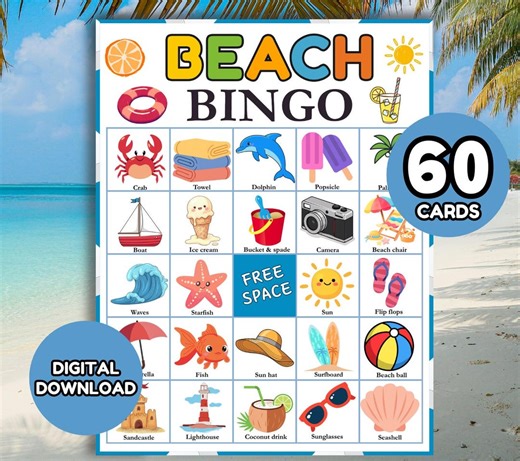 Beach Bingo, 60 Printable Beach Bingo Cards, Summer Bingo, Fun in the Sun Bingo, Beach Game, Beach Activity, Kid's Printable Bingo Game - Etsy
