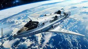 A futuristic tourist shuttle spacecraft orbiting Earth