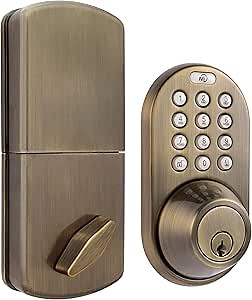 MiLocks TF-02AQ Keyless Entry Door Lock with Keypad, Auto-Lock Triple Security System, Easy to Install Keypad Door Lock for Interior or Exterior Use, Antique Brass