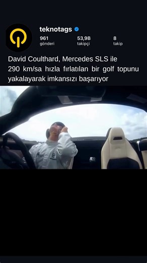 TeknoTags on Instagram: "İnanılması güç gösteriler arasında zirveye oynayan bu performansta, Formula 1 efsanesi David Coulthard, yüksek hızla ilerleyen bir Mercedes-Benz SLS AMG Roadster kullanırken, yaklaşık 290 km/s hızla fırlatılan bir golf topunu havada yakaladı. Atışı profesyonel golfçü Jake Shepherd yaptı. Milisaniyelik zamanlama gerektiren bu denemede, sıradan bir golf vuruşu; olağanüstü hassasiyet, koordinasyon ve soğukkanlılık isteyen bir dünya rekoru girişimine dönüştü. Golf topu 275 m