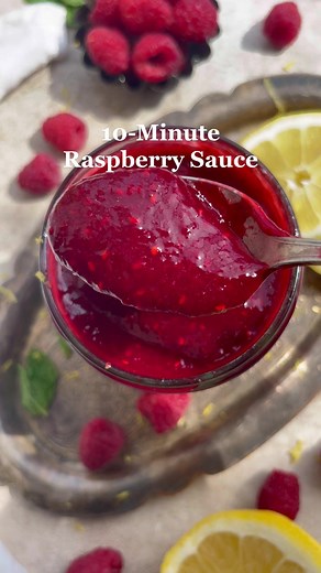 10-Minute Raspberry Sauce is the chef’s kiss topping for so many desserts! 🤌🏻💜 #raspberrysauce #fyp #dessertsauce #glutenfreedesserts #raspberrydessert #summerrecipes #nobakerecipes #fypppppppppppp