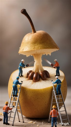 Tiny workers opening a giant pear 🍐#TinyWorkers #MiniWorld #AI #pear