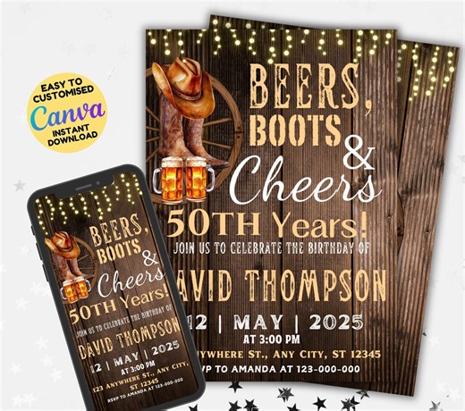 Beer Boots & Cheers Western Birthday Party Invitation Template, Country Rustic Wood Cowboy Invite, Man 50th Birthday Invite, Cowboy Birthday - Etsy
