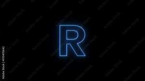 Neon Glowing english alphabet R text logotype background. Animated on black background. Glowing R text blinking animation.