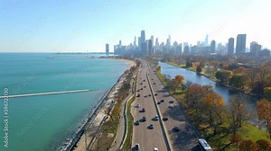 Chicago downtown aerial footage view from north of the city, lake michigan, lake shore drive
