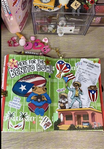 Benito Bowl is only TWO weeks away!! 🇵🇷🏈🔥 I made a similar spread in @G’s Junk Life | CosmicSolArt journal for our Sisterhood of the Traveling Journal, so of course I had to recreate it in my own! I even used her sticker sheet @Jazzy Bee 🐝 | CosmicSolArt 🌄 , literally the perfect match for this spread! Go show them some love and check out their Etsy shop 🥰🇵🇷✨ #journalwithme #interactivejournal #journaltok #journalcommunity #benitobowl