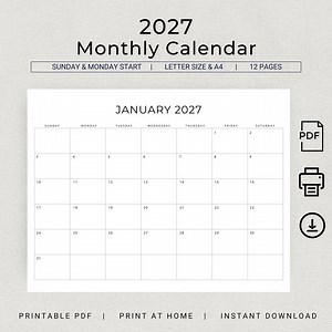 2027 Monthly Calendar 2027 Minimalist Monthly Planner Landscape Sunday & Monday Start A4 Letter Size 2027 Calendar Printable PDF Download - Etsy