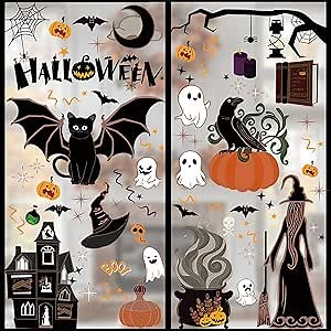 Halloween Window Clings, Cute Ghost Vintage Victorian Gothic Style Cling Halloween Window Decor for Glass, Black Cat Bats Crow Cauldron Witch Castle Silhouette Decorations Indoor Home School Office