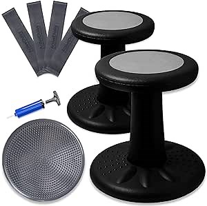 Active Chairs Flex Seating Bundle - One 14" Black Wobble Stool, a 4-Count Black Chair Bands and one Gray Wobble Cushion