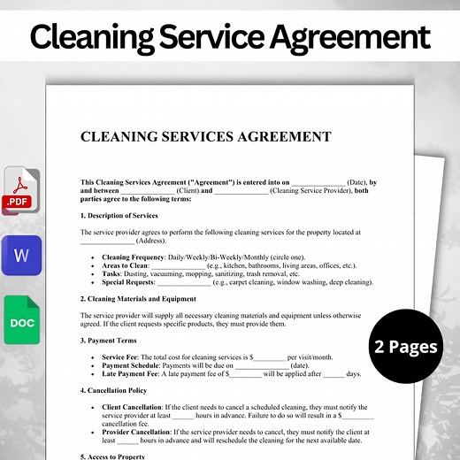 Editable Cleaning Service Agreement - PDF and Word | A4 & US Letter Size - Etsy