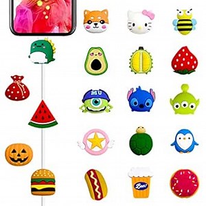 Cute Cable Protector for iPhone iPad Charger Cable, 20pcs Cartoon Cable Animals Fruit Bite Charging Protector, USB Charger Cord Protector, Charger Cable Saver Phone Accessory (Type A - 20 styles)