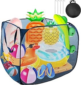 Pop up Pool Toy Storage Bin,32"X32"X30"Pool Float Organizer Bag with 2 Side Pockets Mesh Swimming Pool Toys Organizer with 4 Ground Nails for Inflatable Toys, Float, Beach Ball and Pool Accessories