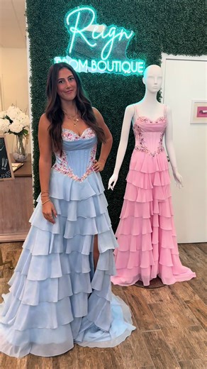 Make everyone 👀 in this layered ruffle corset dress by @DaveandJohnnyNYC available in 3 stunning colors! Come see us today and shop early for prom! We register all dresses sold. Open W-Sat 11-6 Sun 12-5. #jupiterfl #promdress #fyp #pinkdress #bluedress
