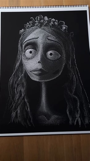 Jayce Hall on Instagram: "Emily 🤍 When I decided to do these Inktober drawings, one of my goals was to do a few animated characters! Corpse Bride is such a good movie and this was such an interesting reference! What should I draw next? #corpsebride #timburton #wordart #micrography #detail #portrait #artist #blackandwhite #portraitartist #inktober #halloween"