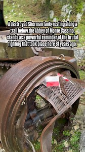A destroyed Sherman tank, resting along a trail below the Abbey of Monte Cassino, stands as a powerful reminder of the brutal fighting that took place here 81 years ago. #MonteCassino #ShermanTank #WWIIHistory #BattleOfMonteCassino #ItalianCampaign #SecondWorldWar #WWIIHeroes #HonorTheFallen #MilitaryHistory | Walk Among Heroes