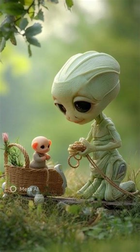 Happy alien playing with baby