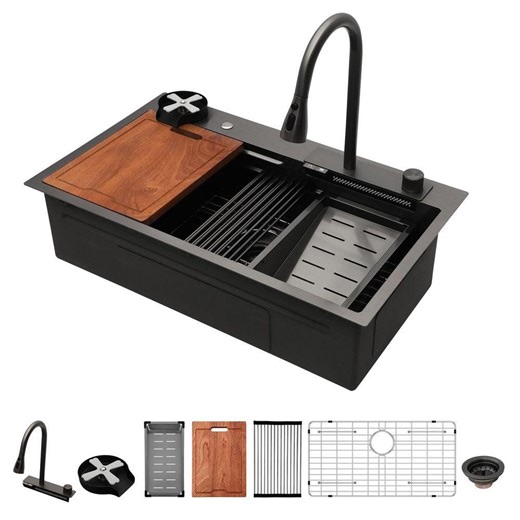 Reviews for Logmey 33 in Drop-In Single Bowl 16-Gauge Gunmetal Black Stainless Steel Workstation Kitchen Sink with Waterfall Faucet Combo | Pg 1 - The Home Depot