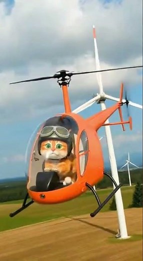 Cat flying helicopter near wind turbines turbulence funny crash