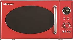 Emerson MWRG0901RD 0.9 Cu. Ft. Retro Microwave with 1,000W Grill Function, 800W Cooking Power, LED Display, 5 Power Levels, 8 Auto Menus, Glass Turntable, Child Lock, Red Countertop Design