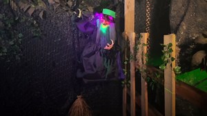 Haunted Hill Farm Oversized 6 ft. Touch-Activated Animatronic Mounted Flying Witch Halloween Prop HHWITCH-52FLS