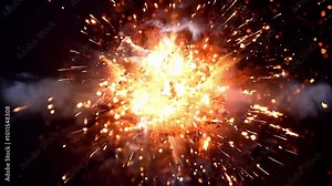 A vibrant explosion with bright sparks and fiery particles against a dark background, creating a dramatic visual effect.