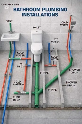 In a standard bathroom plumbing setup, always separate your supply lines and drain lines correctly. Blue is cold water, red is hot water, and green is for waste and vent pipes. The toilet connects to a 4-inch main drain, while the sink and shower tie into smaller branch drains with proper venting to prevent slow flow and bad odors. Good slope and correct pipe sizing are what keep your system working smoothly. Follow Plumbing Home for daily plumbing teaching. #PlumbingHome #BathroomPlumbing #Pipe