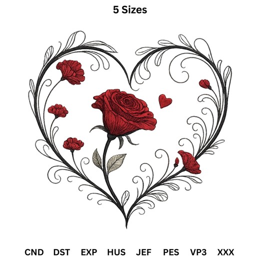 Rose Heart Embroidery Design, Floral Heart Frame, Valentine Love Embroidery, Wedding Floral Design, Machine Embroidery File - Etsy