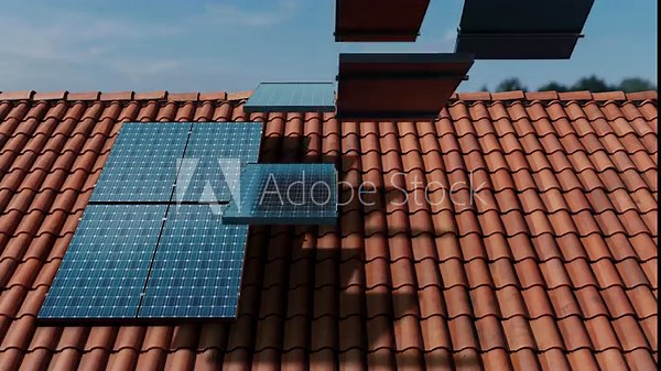 Solar Panel Installation Animation on Roof with Modules Appearing and Mounting, Renewable Energy Concept