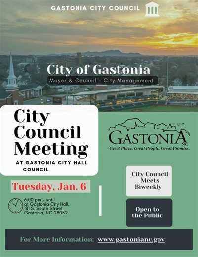 City Council will kick off the new year with its first meeting of 2026 on Tuesday, January 6, at 6:00 p.m. 📍 Location: City Hall – Council Chambers 181 S. South St. Gastonia Residents are encouraged to attend and stay engaged with the decisions and discussions shaping Gastonia in the year ahead. Visit our website (Government tab) for the full agenda. #GreatPlace #GreatPeople #GreatPromise | City of Gastonia Government