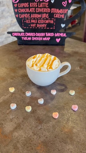 February special our Cupids Kiss latte with white chocolate, caramel, and praline!🩷❤️ | Mud Creek Coffee