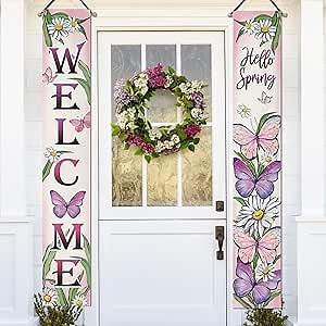 Welcome Spring Butterfly Porch Banner Sign, Hello Spring Daisy Flower Front Door Decorative Hanging Banner Flag, Floral Seasonal Pink Purple Decoration Home Outdoor Decor