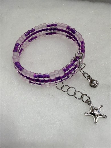 Children’s Multi-strand Memory Wire Bracelet – Pink and Purple Beads With Starfish and Shell Charms - Etsy