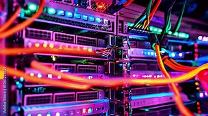 Close-up of colorful cables connecting to a server rack in a data center. Stock Video