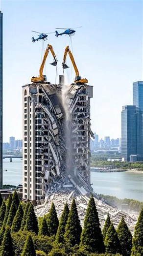 🚁 Two Helicopters + Giant Excavators Demolish a Skyscraper Unbelievable Engineering Precision! 💥
