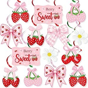 Pink Bow Strawberry Party Hanging Swirls Decorations, Berry Sweet Strawberry Theme Party Foil Ceiling Swirl for Summer Fruit Berry First 1st Birthday Girl Berry Sweet Baby Shower Wedding Bridal Shower