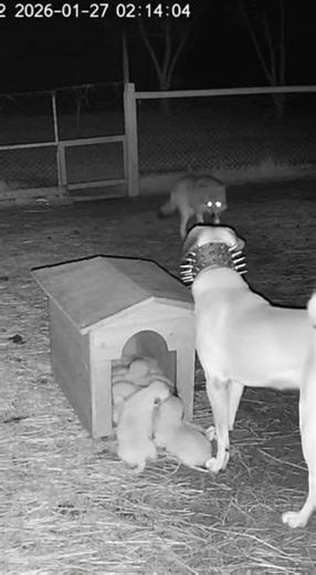 Kangal Defends Puppies After Close Encounter | CCTV Description: Night CCTV footage shows a wolf entering a farm yard and moving toward a kennel. A Kangal wearing a traditional collar engages immediately, pushing the animal away after a brief close-range struggle. The wolf retreats, and the Kangal returns to stand over the puppies. Hashtags: #cctv #kangal #guarddog #animalinstinct #securitycamera