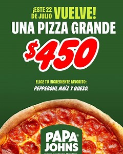 2.6K views · 176 reactions | ¡SOLO POR HOY!  PIZZA GRANDE⁣ Disfruta de tu pizza grande de maíz, pepperoni o queso por solo $450 pesos⁣  Disponible también en delivery propio 809-620-7272. (Precios pueden variar)⁣ ⁣ #promo #papajohnsrd #pizzagrande | Papa John's Pizza | Facebook