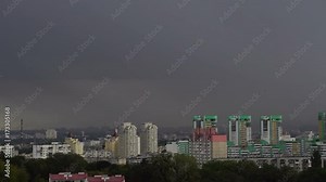 Kiev, Ukraine, September 2017: Thunderstorm over the city. Four lightning strikes the ground