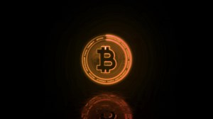 Neon glowing bitcoin symbol cryptocurrency. Intro animation with reflections on the black ground and circuit connections representing the blockchain. Concept of digital payments and electronic money.