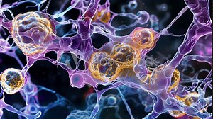 Microscopic view of beta cells in the pancreas connected to other cells through complex cell junctions for coordinated insulin release.