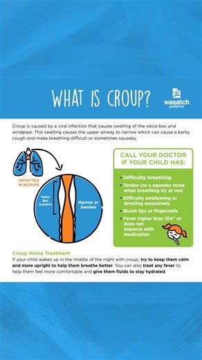 Wasatch Pediatrics l Southpoint on Instagram: "Croup often shows up at night & that sudden, barking cough can be scary to hear! 😮‍💨 Most of the time, croup is caused by a virus and improves after several days with comfort, cool mist, and fluids. Sometimes, the virus causes more swelling in the airway, which makes it difficult for your child to breathe, and treatment is needed. If your child has noisy breathing or trouble catching their breath, call your pediatrician or seek care right away. #w