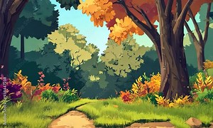 2D cartoon depiction of foliage in a woodland setting