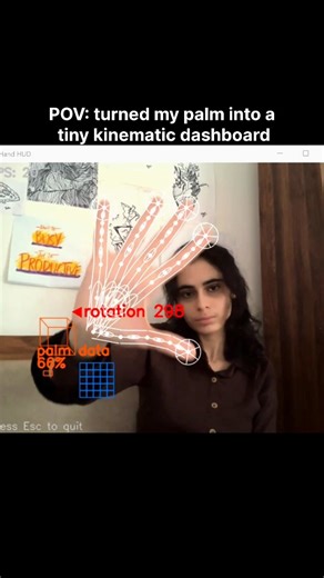 Tuba Khan on Instagram: "Comment " code'" to get the code ;) I mapped hand landmarks into a kinematic dashboard , the palm anchors a radial UI, fingertips act as widgets, and the HUD scales with hand openness. Tech: Python, MediaPipe (hand landmarks), OpenCV (overlay drawing), simple exponential smoothing + dynamic calibration for robust 0–100% openness and 0–360° rotation, & inspired by @the.poet.engineer ✨ . . . Follow @tuba.captures for more . . . . #HandHUD #KineticUI #PalmReader #GestureCon