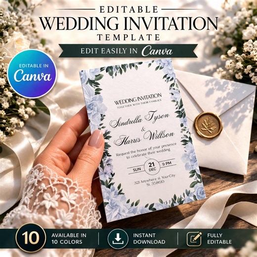 Editable Floral Wedding Invitation Template, Customizable Summer Wedding Invite, Download & Print (10 Colors Available) - Etsy