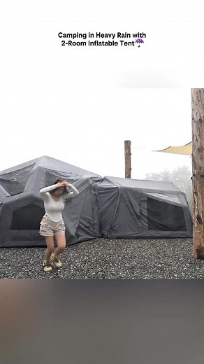 Camping in Heavy Rain with 2-Room Inflatable Tent