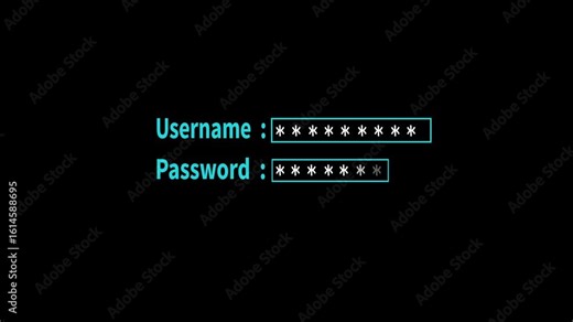 Animated of username and password fields. Glowing username and password fields on a black screen background. Web Access Password Background. 4k video