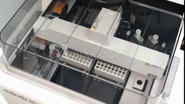 Modern automatic laboratory analyzer processing biological samples for clinical testing and diagnostics in healthcare lab under sterile conditions.